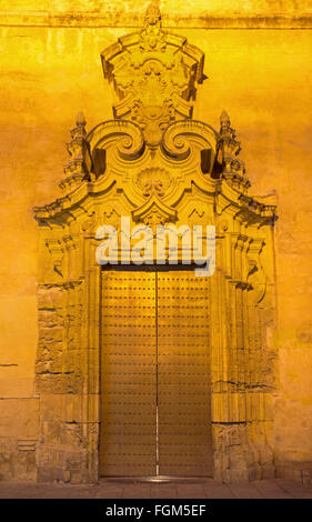 Córdoba, Spanien – 25. Mai 2015: Die kleine barocke Seite Portal des Münsters in der Nacht. Stockfoto