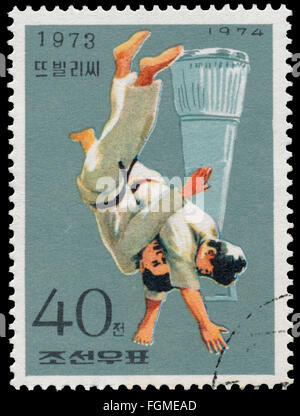 BUDAPEST, Ungarn - 3. Februar 2016: eine Briefmarke gedruckt in Nordkorea zeigt Judo, ca. 1974 Stockfoto