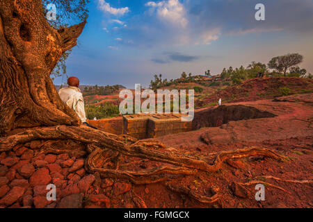 Bet Giyorgis Fels gehauene Kirche im Morgengrauen Lalibela Äthiopien. Stockfoto