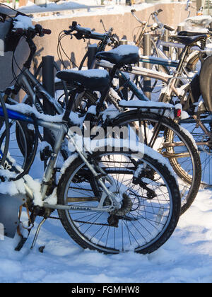 Fahrrad immer ein beliebter Verkehrsträger im Winter in Oslo Norwegen, aber irgendwann besser gelassen in einem Zyklus-rack Stockfoto