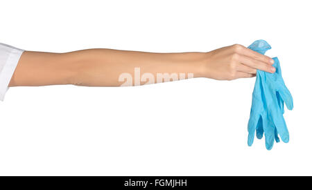 Nahaufnahme von weiblicher Hand, die medizinische Handschuhe Stockfoto