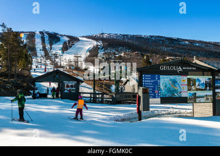 Skipisten, Skifahrer, Skicenter Geilolia, Geilo, Winter, Buskerud, Norwegen Stockfoto