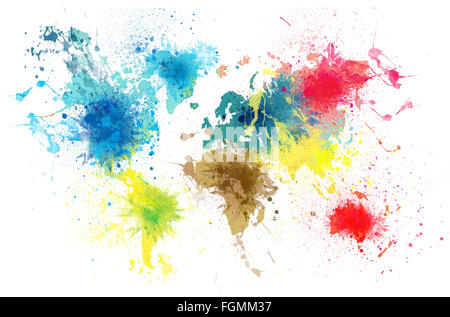 Weltkarte mit Farbe Spritzer Stockfoto
