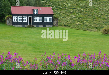 Island Skogasafn Turf Häuser und Kirche in South Island Skogar Museum Museum für Touristen und alte Häuser Stockfoto