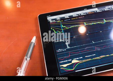 Tablet mit Lager Diagramm auf einem Holztisch Stockfoto