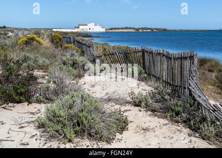 Sanddünen und defekten Zaun am Moinho de Mare, Gezeiten-Mühle, Quinta de Marim, natürlichen Park Ria Formosa, Algarve, Portugal Stockfoto