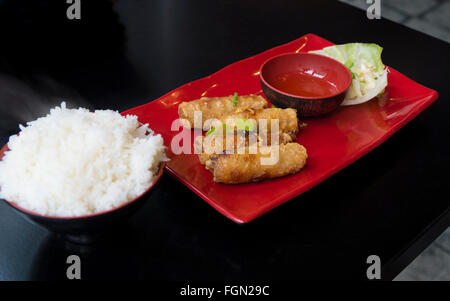 frittierte vegetarische Brötchen serviert mit weißem Reis auf einer roten Platte Stockfoto