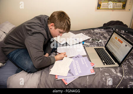 Weiße Teenager sitzen auf seinem Bett mit einem Laptop und viele Schulbücher, wie er für GCSE Prüfungen überarbeitet und Hinweis für seine Hausaufgaben macht. Stockfoto