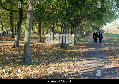 Zwei Frauen, die im Herbst im Regent's Park in London spazieren gehen Stockfoto