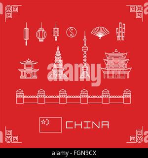 Vektor-Illustration Set China Gebäude Pagode, Laterne, Flagge, Ventilator, flache Liniendesign Stock Vektor