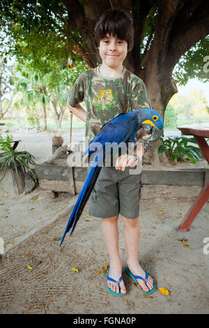 Ein kleiner Junge mit meterlangen Hyazinth-Ara Papagei im Pantanal, Brasilien Stockfoto