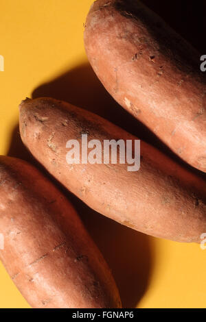 Drei Süßkartoffeln (Yams) auf einem gelben Hintergrund. Stockfoto