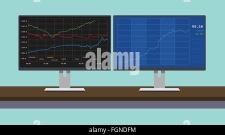 Online-Handel Lager Diagramm in dual Montior computer Stock Vektor
