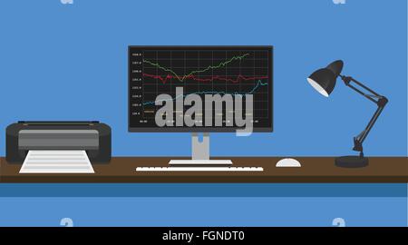 Online-Handel Konzept Computer pc verwalten Graph und Lager Bericht Stock Vektor