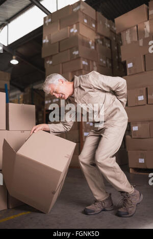 Arbeiter mit Rückenschmerzen während anhebende Box im Lager Stockfoto