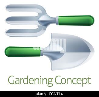 Kelle und Garten Gabel Spaten Gärtner Garten-Werkzeuge Konzept Stockfoto