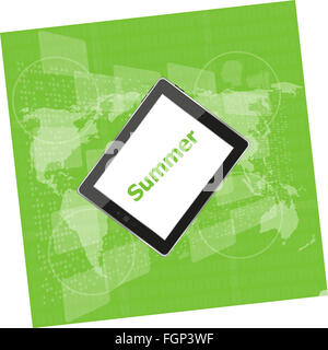 Sommer-Wort auf Tablet-pc-Bildschirm, digital Touchscreen, Ferienkonzept, Sommercard Stockfoto