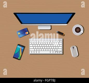 Arbeitsbereich mit Computer-Tastatur-Maus-Kaffee-smartphone Stock Vektor