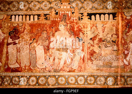 Wandmalerei an Decke, Veerbhadra Tempel. Shiva Parvathi Ehe. Lepakshi, Andhra Pradesh, Indien Stockfoto