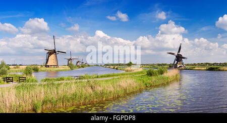 Traditionelle holländische Windmühlen an einem hellen, sonnigen Tag in Kinderdijk in den Niederlanden. Stockfoto