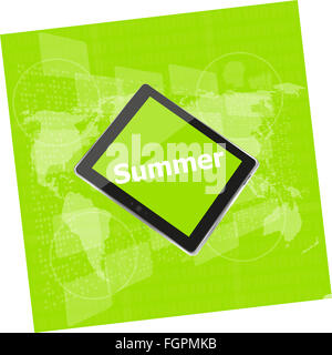 Sommer-Wort auf Tablet-pc-Bildschirm, digital Touchscreen, Ferienkonzept, Sommercard Stockfoto