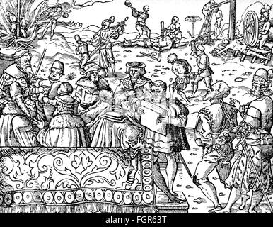 Justiz, Strafvollzug, Holzschnitt, aus: 'Peinliche Halbgerichtsordnung des Kaisers Karl V.' (Constitutio Criminalis Carolina), Herausgeber: Johannem Schmidt, Verlag: Sigmund Feyerabend (1528 - 1590), Frankfurt, 1577, Zusatzrechte-Clearences-nicht verfügbar Stockfoto