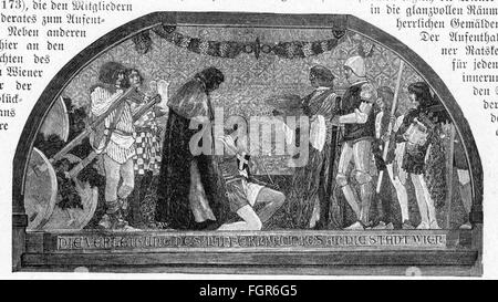 Geographie / Reisen, Österreich, Wien, Gastronomie, Rathauskeller, Innenansicht, großer Saal, Wandmalerei mit der Gewährung von Wirtshausrechten an die Stadt Wien, Holzstich, Ende 19. Jahrhundert, Zusatz-Rechte-Clearenzen-nicht vorhanden Stockfoto