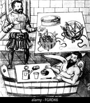Medizin, Chirurgie, Hernie, Operateur, Instrumentenvorbereitung, Pflegebad, Miniatur, aus: Caspar Stromayr (+ 1566 / 1567), 'Practica copiosa', Lindau, 1559, Zusatz-Rechte-Clearenzen-nicht vorhanden Stockfoto