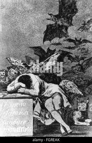 Bildende Kunst, Goya, Francisco de (1746 - 1828), Grafik, 'El sueno de la razon Produce monstres' (der Schlaf der Vernunft produziert Monster), Capricho Nummer 43, 1797 / 1798, Radierung, Aquatinta, 21.3 x 15.1 cm, Museo del Prado, Madrid, Additional-Rights-Clearences-not available Stockfoto