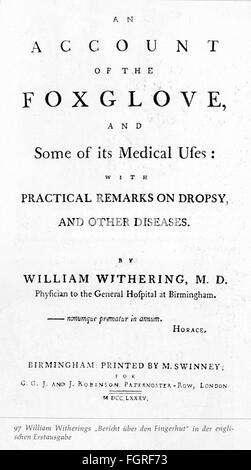 Medizin, Lehrbücher, 'an Account of the Foxglove' von William Welkhering (1741 - 1799), Titelseite, Erstausgabe, Birmingham, 1785, Zusatzrechte-Clearences-nicht vorhanden Stockfoto