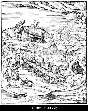 Bergbau, Erzveredelung / Metallverarbeitung, Sanitär von Bismut, Holzschnitt, von: Lazarus Ercker von Schreckenfels (um 1528 - 1594), 'Beschreibung der allerfuernemisten mineralischen Ertzt unnd Bergwercks arten', Druck: Georg Schwartz, Prag, 1574, Additional-Rights-Clearences-not available Stockfoto