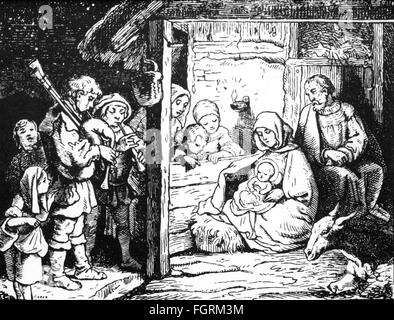 Religion,Christentum,Jesus Christus,Geburt,die Heilige Familie im Stall in Bethlehem,Zeichnung von Ludwig Richter,19. Jahrhundert,die Geburt,Madonna,Heilige Maria,Unsere Liebe Frau,die Heilige Jungfrau Maria,die Jungfrau Maria,Unsere Liebe Frau,Joseph,Hirte,Hirten,Hirten,Hirten,Hirten,Weihnachten,Pfeifen,Dudelsack,Dudelsack,Musikinstrument,Musikinstrumente,Instrumente,Musik machen,Musik spielen,Kinder-Rechte,Kinder,Musik,spielen,Kinder-Religion Stockfoto