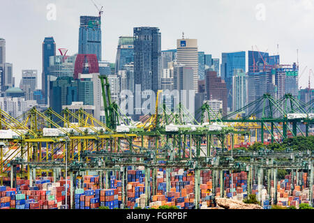 PSA International Brani Container Terminal mit der Skyline von CBD, Brani Island, Singapur Stockfoto