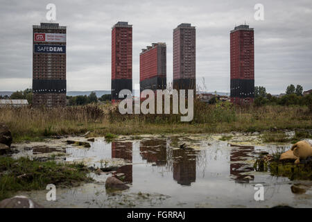 Red Road Wohnungen - einen Tag vor ihrem Abriss im Balornock in Glasgow, Schottland, auf Samstag, 10. Oktober 2015. Stockfoto