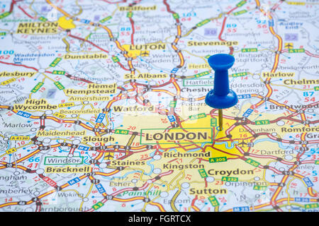 Blaue Karte mit London, UK. Stockfoto