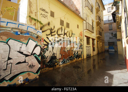 Graffiti bedeckt Wände im Barrio del Carmen, Spanien Stockfoto