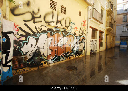 Graffiti bedeckt Wände im Barrio del Carmen, Spanien Stockfoto