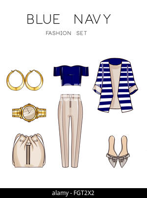 Mode-Set von Frau Kleidung und Accessoires - Blue Marine Outfit mit Schmuck Stockfoto