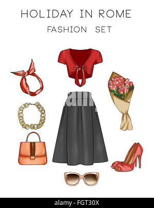 Mode-Set Damen Kleidung und Accessoires - Foulard, Handtasche, Rock, Top, Blumen, Fersen, Sonnenbrillen, Schmuck Stockfoto