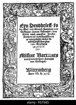 Reformation 1517 - 1648, Schreiben, offener Brief von Franz von Sickingen an Dieter von Handschuhsheim, Titel, 1522, Reichsritter, Grundautor Johann Schwebel, protestantische Schrift, Brief, Briefe, Deutschland, Heiliges Römisches Reich, HRE, 16. Jahrhundert, niemand, Schreiben, Schriften, Titel, Titel, historisch, historisch, Zusatzrechte-Clearenzen-nicht vorhanden Stockfoto