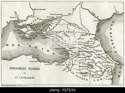 Kartographie, Karte der Region zwischen dem Schwarzen Meer und dem Kaspischen Meer : Ukraine, Krim, Russland, Georgien, Armenien, Aserbaidschan, aus einem Buch oder einer Zeitung des 19. Jahrhunderts, gestochen von A. Martin, Additional-Rights-Clearences-not available Stockfoto