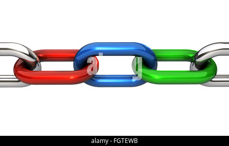 Geschäftskonzept Teamarbeit, Zusammenarbeit und Partnerschaft mit einer soliden Stahlkette und Ringe in verschiedenen Farben. Stockfoto