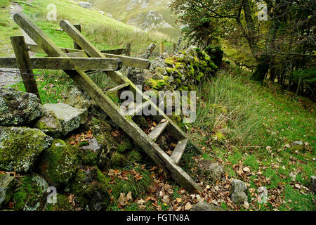 Eine alte Leiter Zauntritt kreuzt eine Mauer auf dem Weg an die Spitze des Wasserfalls Pistyll Rhaeadr in Wales. Stockfoto