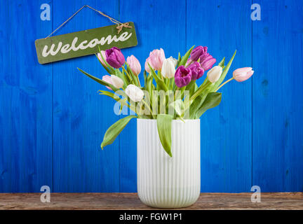 Glasvase mit weißen, rosa und lila Tulpen vor blau bemalten Holzwand mit Willkommensschild Stockfoto