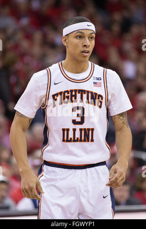 Madison, WI, USA. 21. Februar 2016. Illinois Fighting Illini Wache Khalid Lewis #3 bei der NCAA Basketball-Spiel zwischen Illinois Fighting Illini und die Wisconsin Badgers am Kohl Center in Madison, Wisconsin. Wisconsin besiegte Illinois 69-60. John Fisher/CSM/Alamy Live-Nachrichten Stockfoto