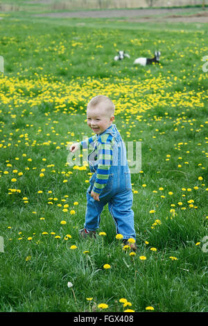 glücklicher kleiner Junge läuft auf einer blühenden Wiese Stockfoto