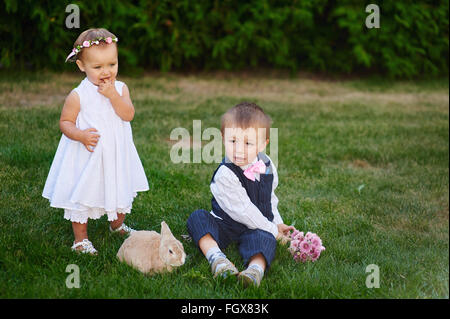 kleiner Junge mit dem Mädchen und Kaninchen spielen auf der Wiese Stockfoto