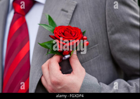 Bräutigam in rote Krawatte mit Rose auf seiner Jacke Stockfoto