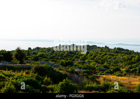 Insel Hvar, alten Mauern Holdings, Lukavci, Scedro Inseln im Nebel auf Ansätze zur Stadt Hvar unten, Dalmatien, Kroatien Stockfoto