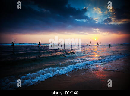 Silhouetten von der traditionellen Stelzenfischer bei Sonnenuntergang in der Nähe von Galle in Sri Lanka Stockfoto